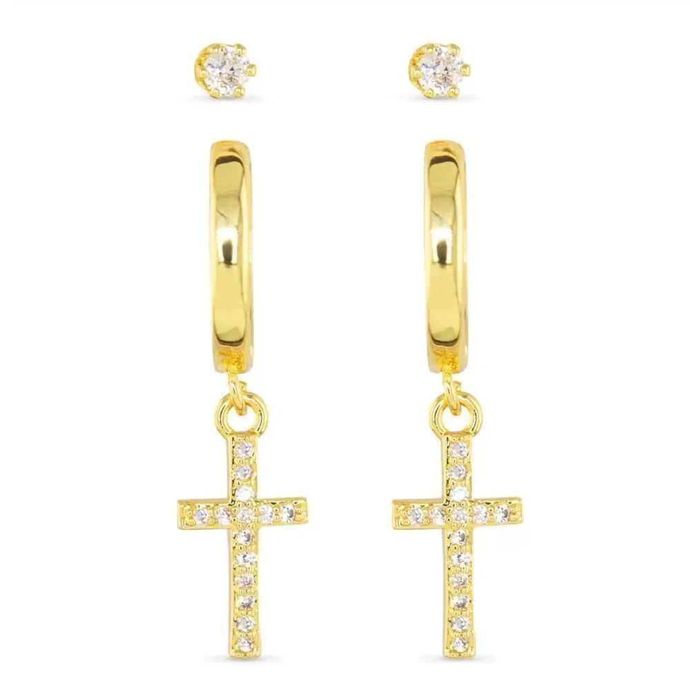 New AMANDA BLU GOLD CROSS & STUD DUO EARRINGS